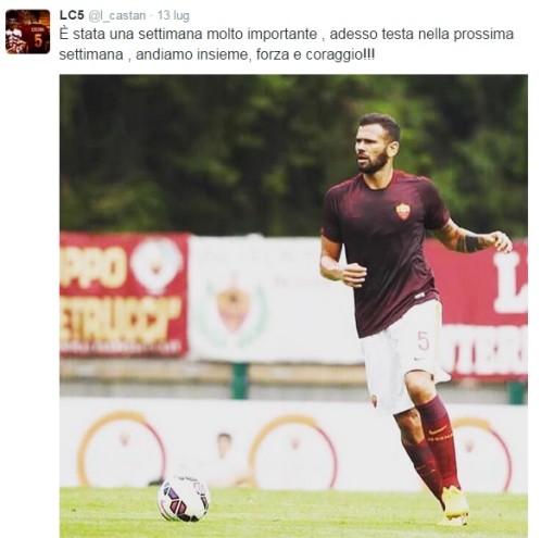 Il tweet di Leandro Castan, tornato a disposizione con grande grinta dopo la lunga degenza post intervento di rimozione di un cavernoma