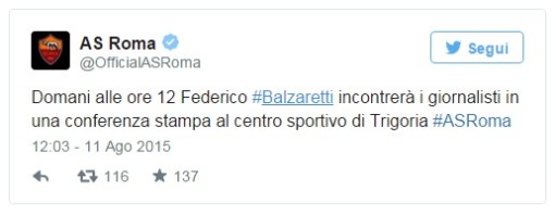 Il tweet dell'AS Roma in vista della conferenza stampa d'addio di Balzaretti
